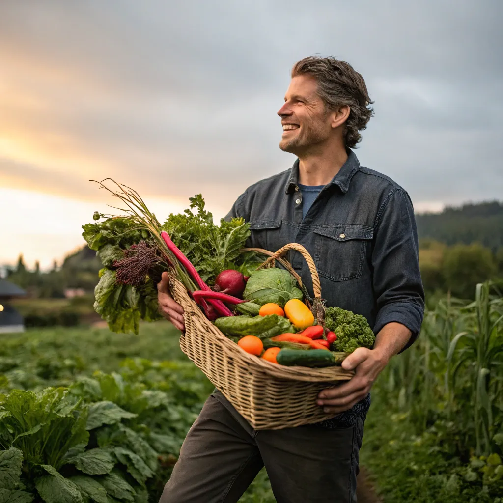 Michael Proctor holding a basket of freshly harvested organic vegetables