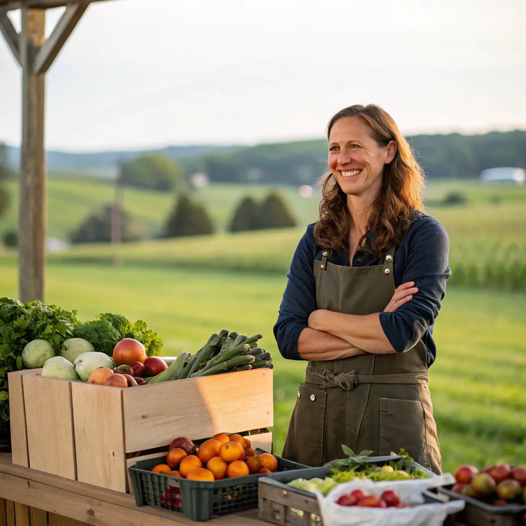 Sarah Farmington standing proudly at her organic produce stand