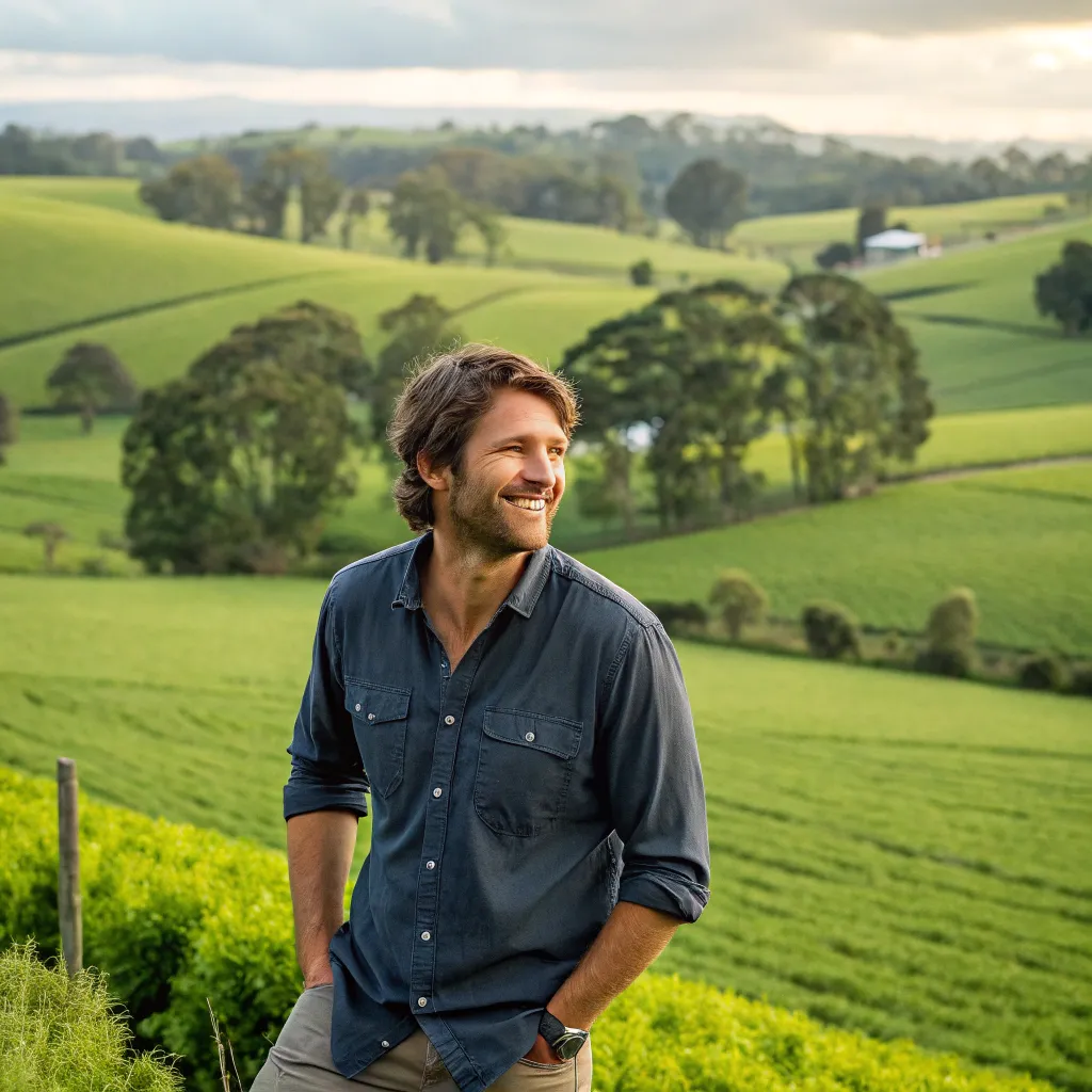 Jonathan Green smiling in front of his lush green farm